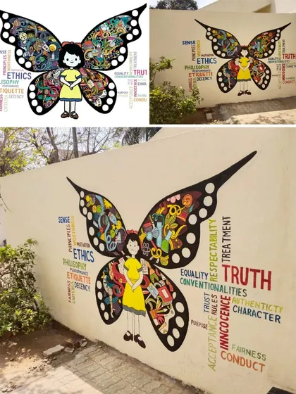The digital design and final painted versions of a butterfly mural focused on ethics and values.