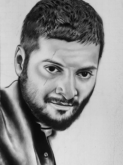 The 90-hour process of creating the Guddu Pandit portrait. These images show the careful layering of charcoal and graphite to achieve the intense, gritty look.