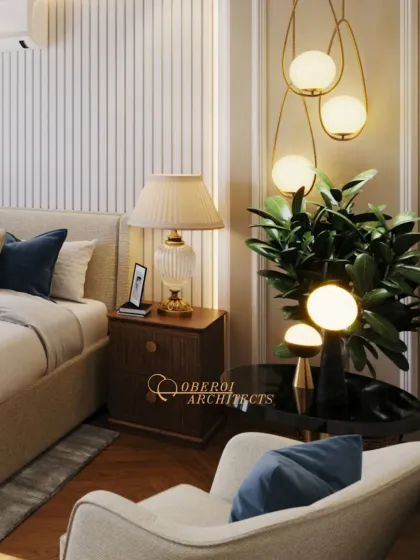 A close-up of the bedside, showing how we layer different lighting sources like the table lamp and pendant lights to create a warm and inviting ambiance.