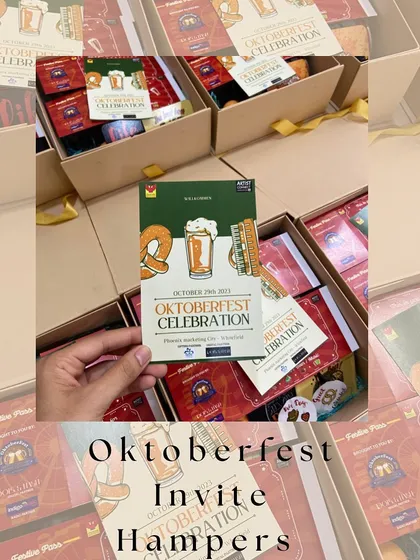 A collage of our Oktoberfest invitation hampers, showing the custom branding and the variety of items we included to match the event's theme.