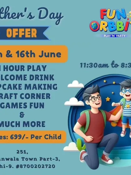 Our Father's Day offer poster, detailing the package of playtime, a welcome drink, cupcake making, and other fun games and crafts.