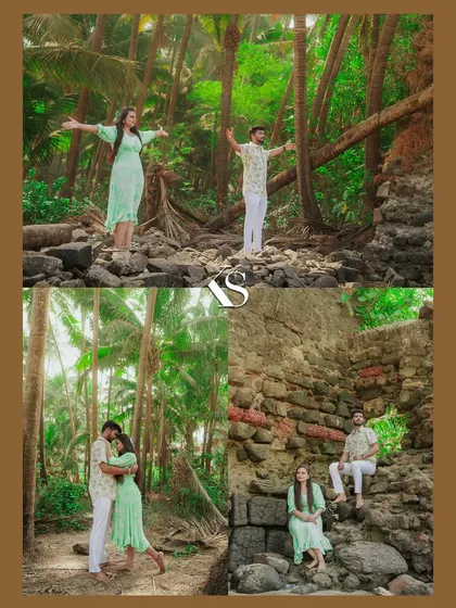 A collection of photos from a pre-wedding shoot near Revdanda fort, blending natural greenery with historic architecture. The couple's coordinated outfits complement the earthy tones of the location.