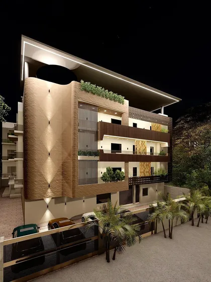 This is a 3D visualization of a modern home facade I designed, showing how I approach architecture from the outside in. I used a combination of textured concrete, wood paneling, and integrated planters to create a dynamic yet harmonious exterior. The lighting is designed to highlight the building's form at night, turning the home into a landmark of quiet elegance.