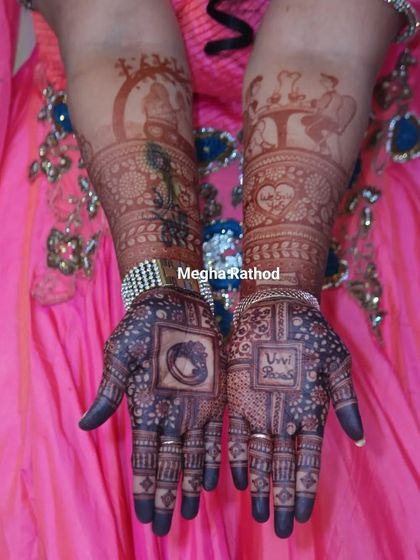 This design is full of personal touches, including illustrations of the couple, their initials, and a ring motif, all telling their unique love story through henna.
