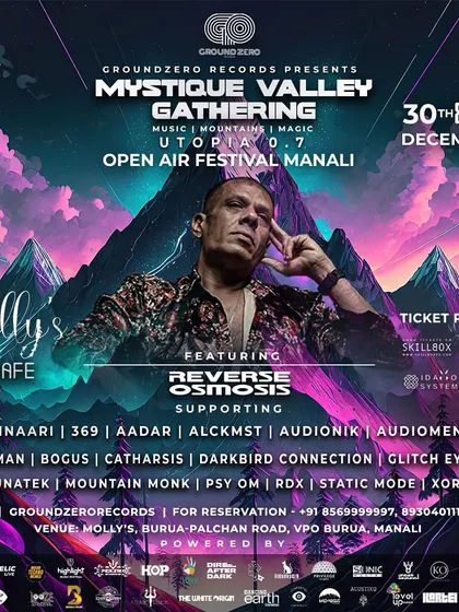 Another version of the Mystique Valley Gathering flyer, featuring headliner Reverse Osmosis for our NYE techno festival in Manali.