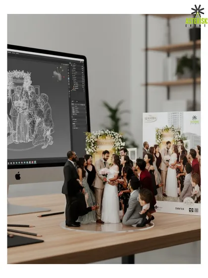 A 3D miniature capturing a beautiful moment with the couple and their family, a truly personalized piece of art.