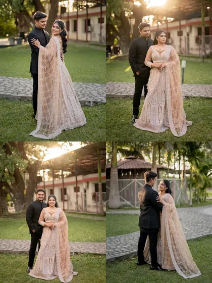 A collection of four outdoor portraits from an engagement shoot, showing the couple in various romantic poses in a beautiful garden setting.