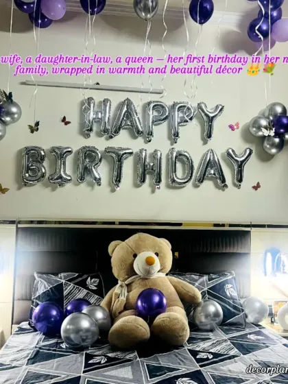 A first birthday in a new home is such a special milestone. I designed this cozy and loving surprise for a wife's first birthday at her sasural, using her favorite colors and a cute teddy bear to make her feel cherished and welcomed.
