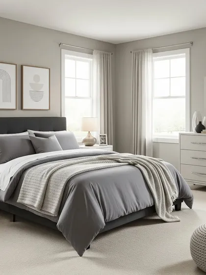 This bedroom features a calm and balanced design with a monochromatic grey color scheme. The simple, clean lines of the furniture and the soft textures of the bedding create a restful and contemporary retreat.
