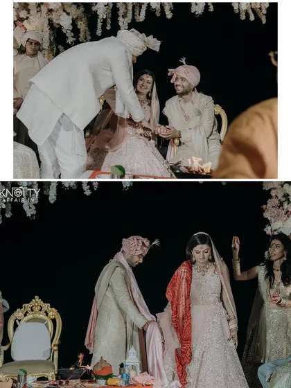 Key rituals from the wedding ceremony. These images document the sacred moments of the pheras and other traditions, capturing the solemnity and significance of the vows being exchanged.