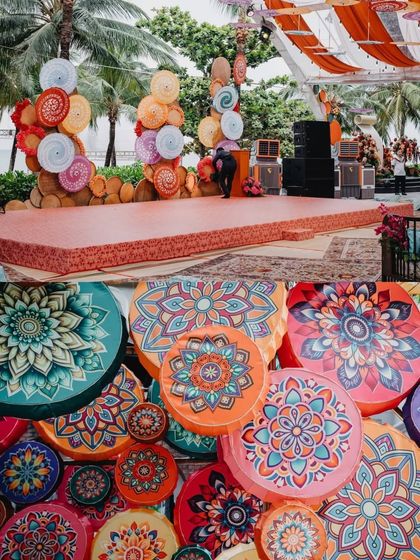 A collage showcasing the use of colorful, painted discs in mehendi decor. These elements are used to create a vibrant stage backdrop and other decorative installations.