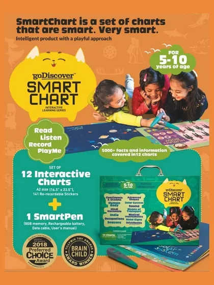 The goDiscover Smart Chart is a screen-free, interactive learning tool. Using the smart pen, kids can touch the charts to hear facts and sounds about topics like the solar system, animals, and the human body.