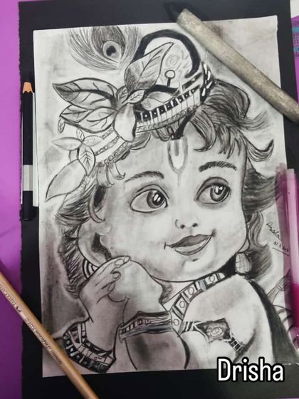 Another fantastic Krishna drawing from our online class, this one by Drisha. I love seeing each student's unique style come through.