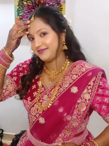 A happy portrait of Shwetha, ready for the wedding. The makeup is designed to last all day and look great in photos.