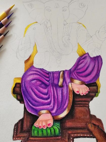 A slightly different angle of the Ganesha WIP, with my colored pencils laid out to show the palette I'm using for the piece.