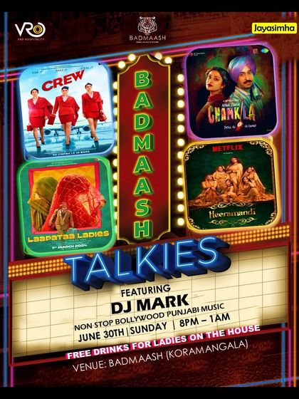 The 'Badmaash Talkies' event poster, a movie-themed Bollywood night.