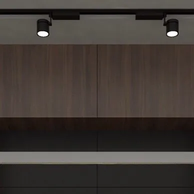 A detail of the track lighting and veneer cabinets from the black kitchen concept. This view shows the precise alignment and minimalist hardware that contribute to the kitchen's sophisticated and modern aesthetic.