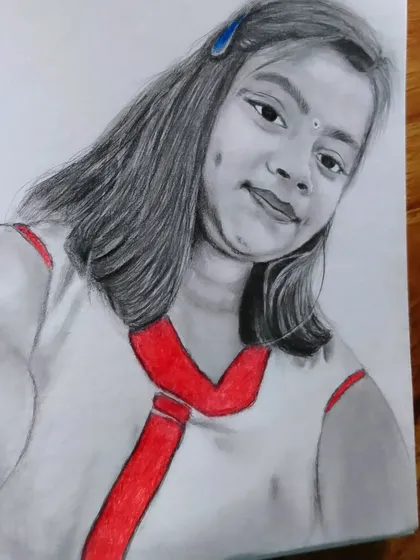 A sketch of a young girl where I used red to highlight the details on her dress, making the portrait more playful.