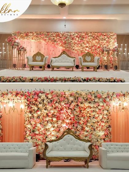 A collage of two different floral stage backdrops. One is a peachy, romantic setup, while the other is a classic white floral wall, showing my range in creating beautiful reception stages.