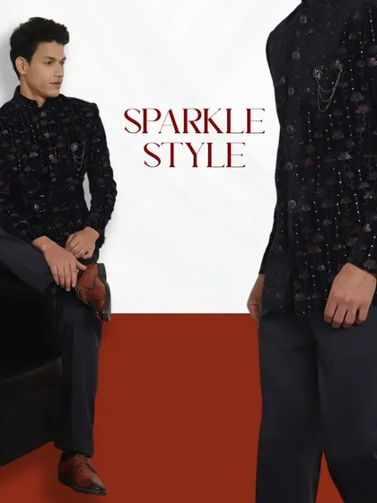 Unravel the threads of tradition with this elegant Indo-Western set. The sparkling black jacket paired with dark trousers creates a sophisticated look for any evening event.
