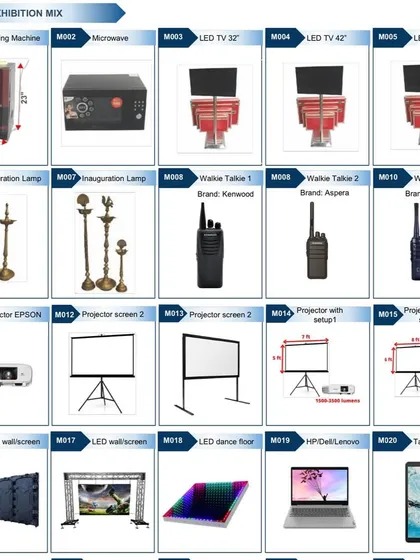 I also provide all the miscellaneous exhibition and event equipment you might need. This includes LED TVs, projectors and screens, walkie talkies for event coordination, and traditional inauguration lamps (samai).