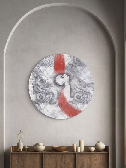 "Take me Home," a digital painting exploring Buddhist themes of release and transcendence. This image shows how the circular piece could look staged in a modern home. Digital prints are available.