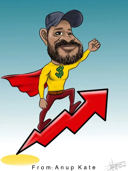 A superhero-themed caricature. This custom piece was designed as a motivational gift, showing the person as a hero on a rising stock chart.