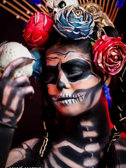 A close-up of the skull illusion makeup. The shading and line work are so precise that they trick the eye, a very advanced skill that our students can learn.