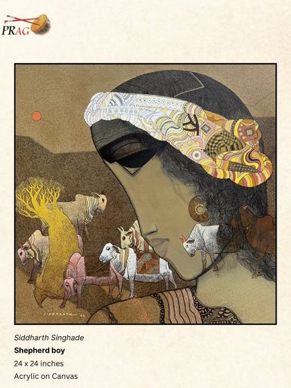 "Shepherd boy" by Siddharth Singhade is a contemplative, narrative piece. The simple frame ensures the viewer's focus is on the story being told within the canvas.
