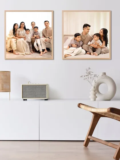 Turn your family moments into beautiful wall art. This image shows how our portraits look framed and displayed in a modern living space.