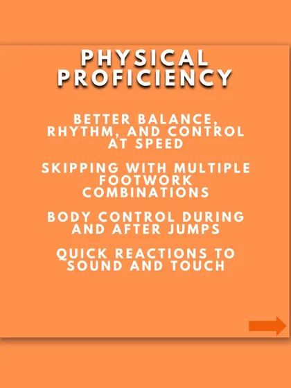 Physical proficiency for 8-10 year olds involves better balance and control at speed, complex footwork, and quick reactions. These are key indicators of athletic development.