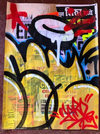 A full view of an unframed décollage canvas. This piece features bold, bubbly graffiti throw-ups over a dense background of yellowed paper ads and notices.