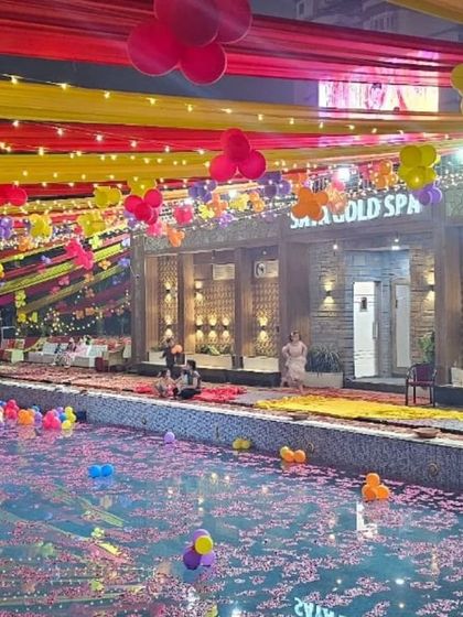The beautifully decorated poolside at the Saya Gold Spa, ready for the Chhath Pooja festivities. We ensure our community has the perfect setting for every celebration.