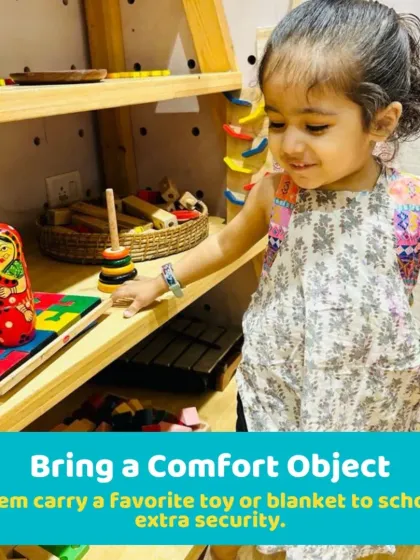 This little one is exploring our toy shelf. Bringing a comfort object from home, like a favorite toy, can provide extra security for preschoolers.