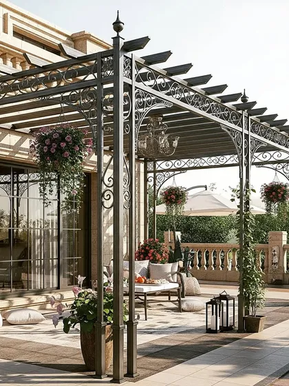 An ornate and elegant metal pergola with intricate scrollwork. This classical design adds a touch of grandeur to a large terrace, with hanging plants and chandeliers enhancing its sophisticated look.