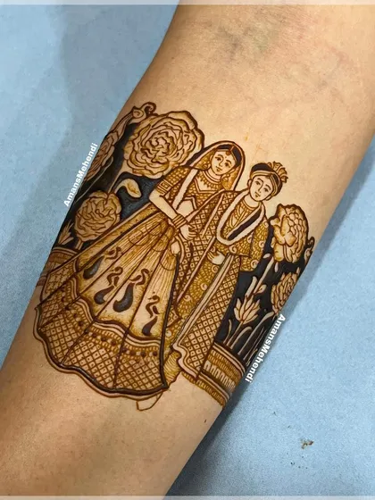 A close-up of a beautiful couple portrait, surrounded by blooming roses. This design element adds a touch of modern romance to a traditional bridal mehndi.