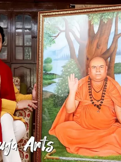 A painting of a spiritual master for the Haridwar ashram, shown in a posture of blessing. It is my privilege to create art that honors such great souls.