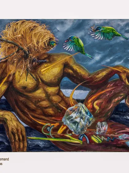 A detailed view of my painting "Supply vs Demand." The nest for a head and the birds represent nature, while the crystalline forms symbolize material desires.
