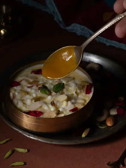 Getting ready for Navratri with a spoonful of sweetness. A glimpse of our rich and creamy kheer, a staple in our upcoming festive menu.