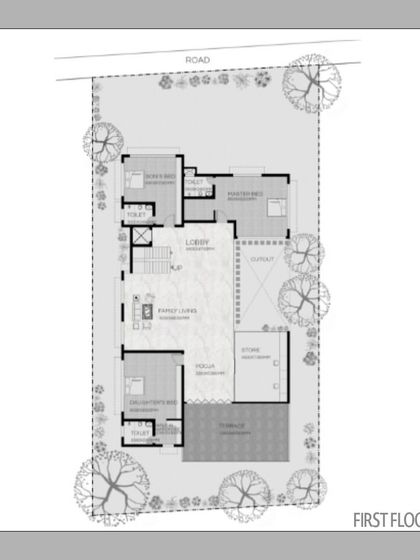 The first-floor plan for ALTURA, showing the arrangement of private bedrooms and a family lounge. The inclusion of a puja space and a terrace demonstrates how I tailor designs to cultural and personal needs.