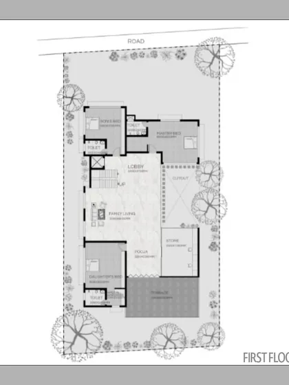 The first-floor plan, detailing the arrangement of bedrooms and a central family lounge. Each bedroom is designed as a private suite with its own attached toilet, ensuring comfort and privacy.