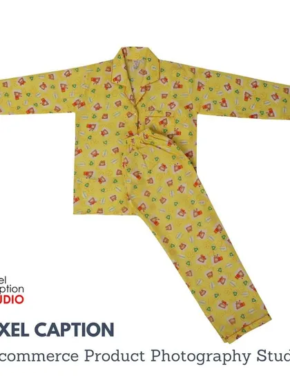 A yellow kids' pajama set, shot in our Delhi studio. This ghost mannequin style is perfect for giving a clear view of the full outfit.