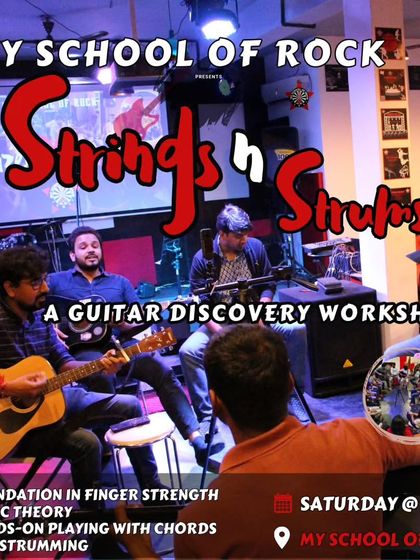 Another look at our 'Strings n Strums' workshop poster, emphasizing the hands-on learning approach to chords and strumming in a fun group setting.