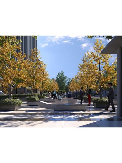 This rendering shows a corporate plaza designed for interaction. The flooring design gives a sense of depth, while strategically placed benches and trees create a functional and aspirational space for employees to gather.