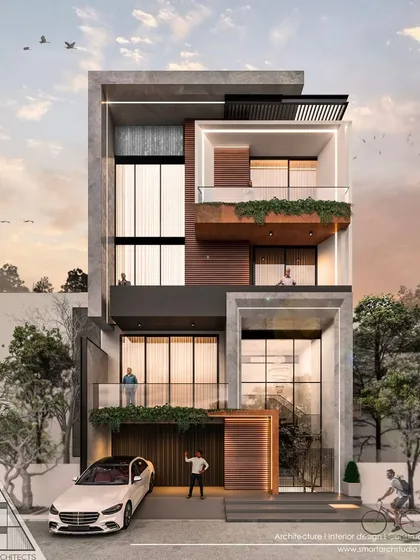 A 3D render for a new project in Sushant Lok. The design features interlocking volumes of concrete and wood, with large glass openings and recessed balconies that create a dynamic and multi-layered exterior.