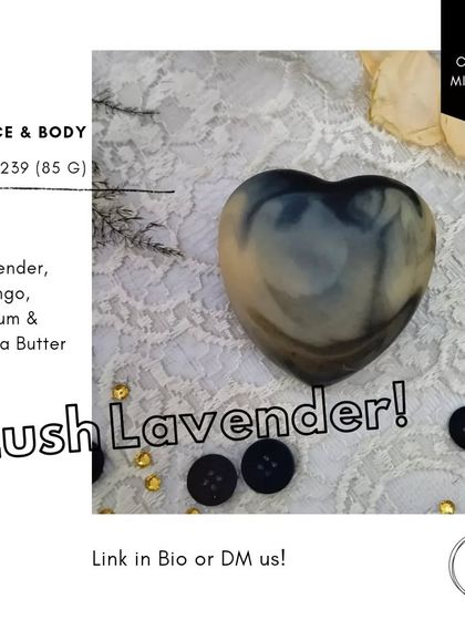 A product card for the 'Lush Lavender' heart-shaped soap, highlighting its key ingredients: Lavender, Mango, Kokum, and Shea Butter for ultimate skin nourishment.