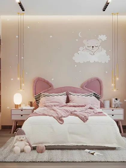 Soft, dreamy, and elegant, this bedroom features a unique cat-ear headboard, delicate star decals, and warm pendant lighting to create a peaceful and enchanting retreat.