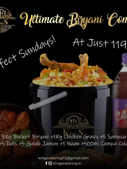 Here’s the deal that makes your Sundays perfect. My Ultimate Biryani Combo is a complete meal for the whole family. It includes a 3kg Bucket Biryani, 1kg Chicken Gravy, 5 Samosas, 5 Rolls, Gulab Jamun, Naan, and a Campa Cola, all for just ₹1199. No cooking, just pure enjoyment.