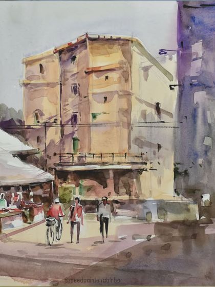 An untitled A3 watercolor painting of a bustling city street scene, capturing the play of light and shadow on old buildings.