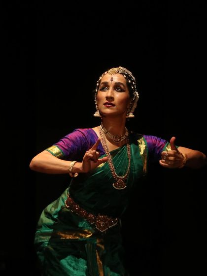 A close-up on the 'abhinaya' or expressive acting. Here, I am narrating a story, using my hands and face to convey the emotions of the character.